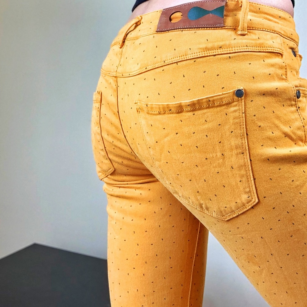 Skunkfunk Mustard Yellow Straight Leg Jeans with Subtle Dot Print
